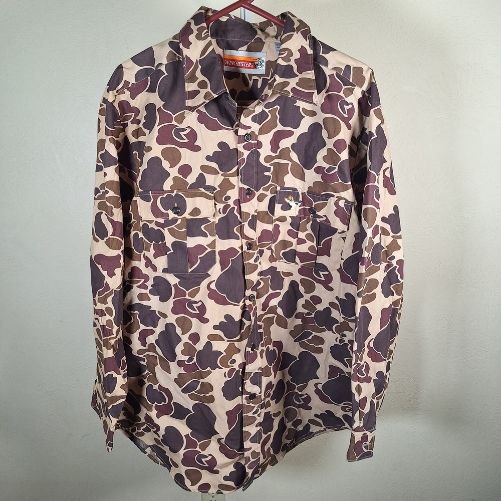 Winchester Vintage Frogskin Camo Button Down Shirt Heavy Rugged Duck Hunting L